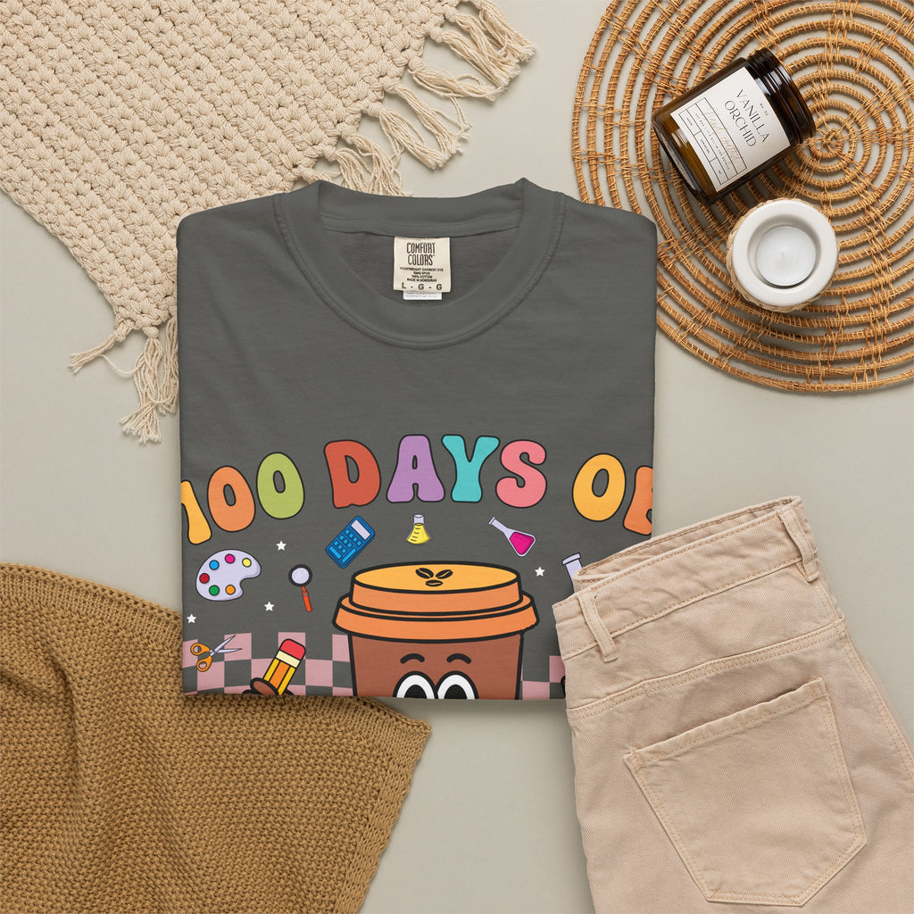 100 Days of Coffee & Chaos T-Shirt — Funny Teacher/Student Celebration Tee