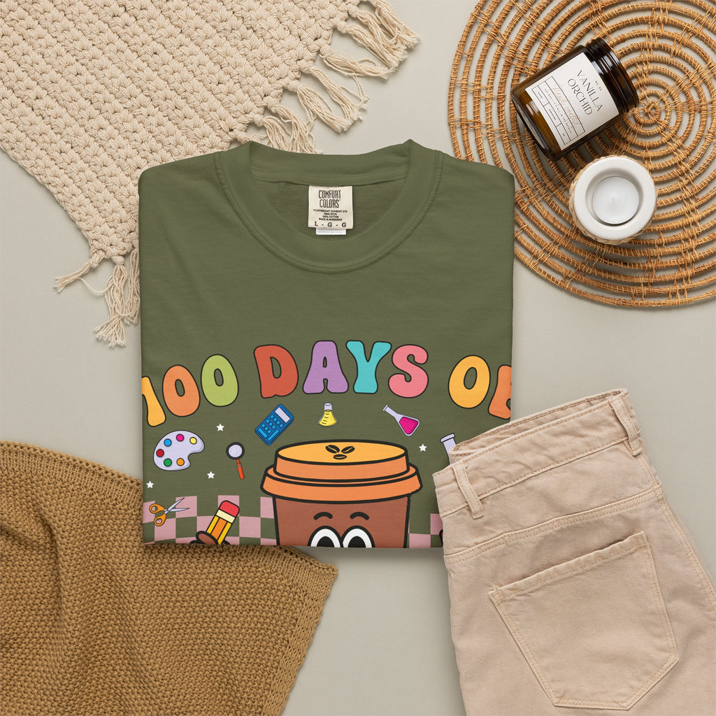 100 Days of Coffee & Chaos T-Shirt — Funny Teacher/Student Celebration Tee