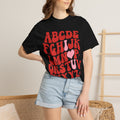 Retro Heart Alphabet T‑Shirt — Groovy Red Lettering Tee with Heart Accent