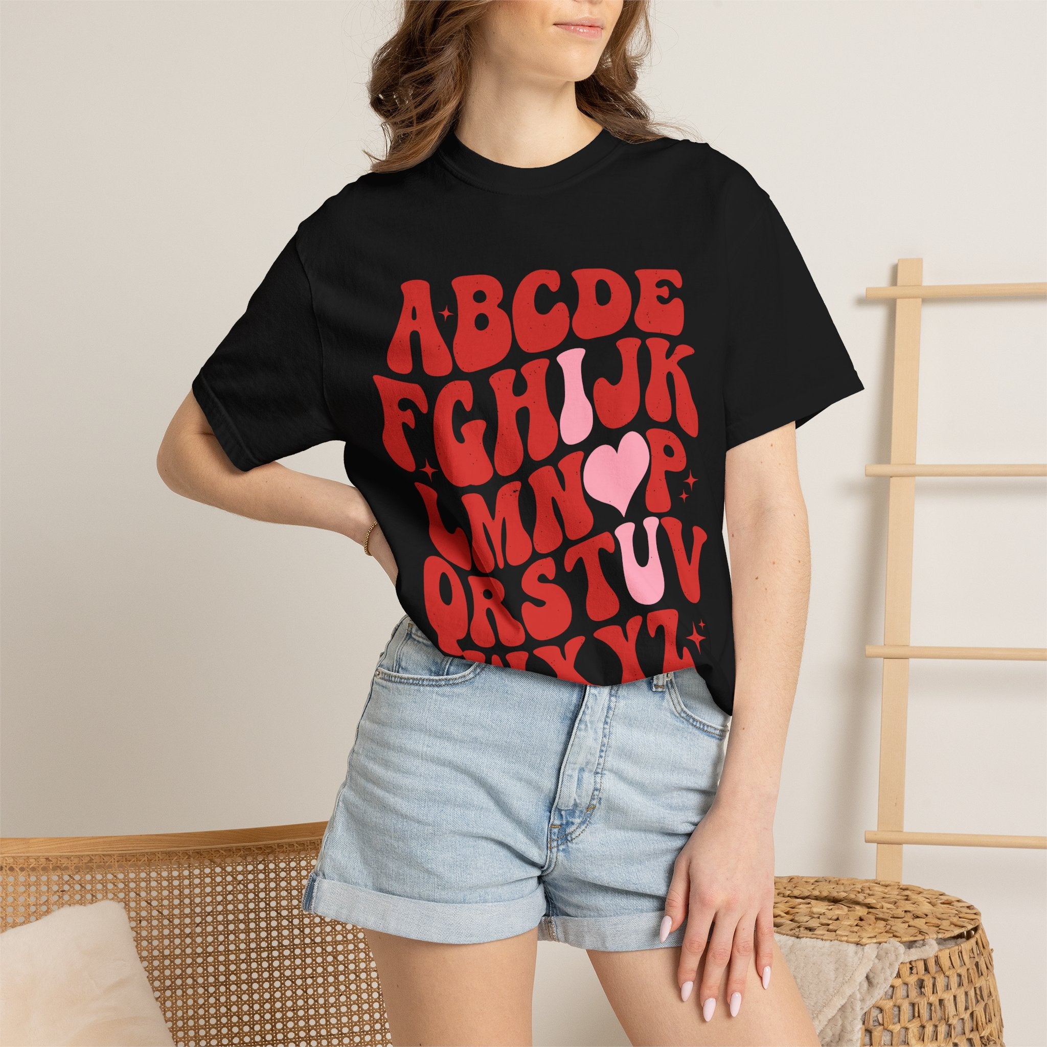 Retro Heart Alphabet T‑Shirt — Groovy Red Lettering Tee with Heart Accent
