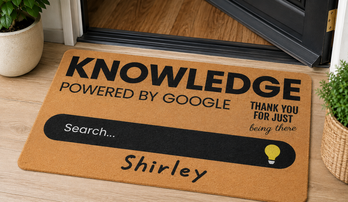 Personalized Knowledge Doormat — "Knowledge Powered by Google" Welcome Mat with Name
