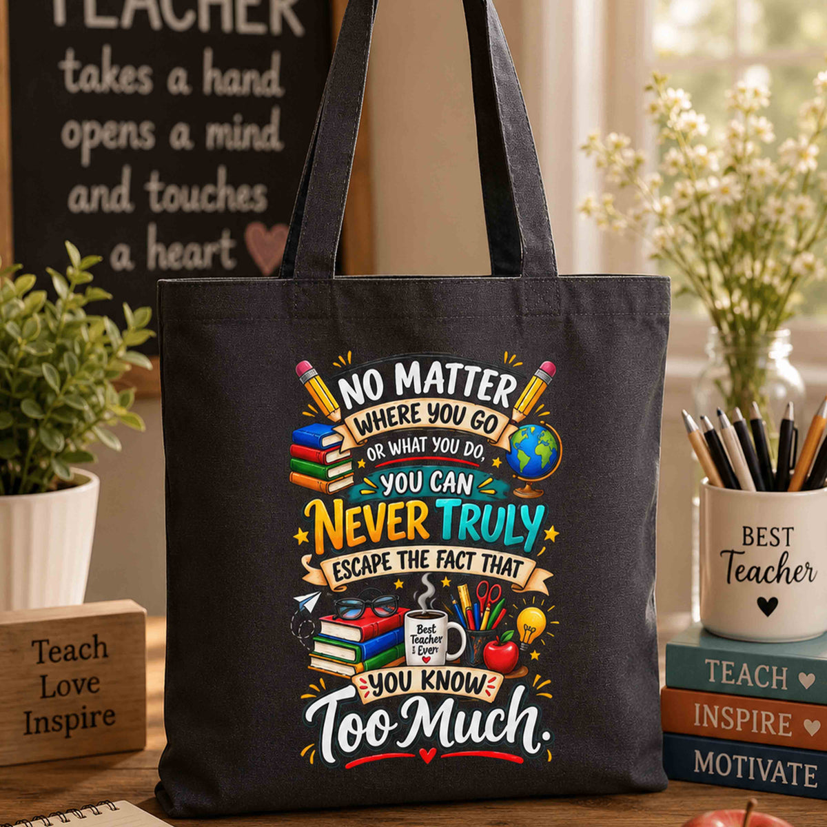 Teacher Tote Bag — "You Know Too Much" Funny Canvas Tote