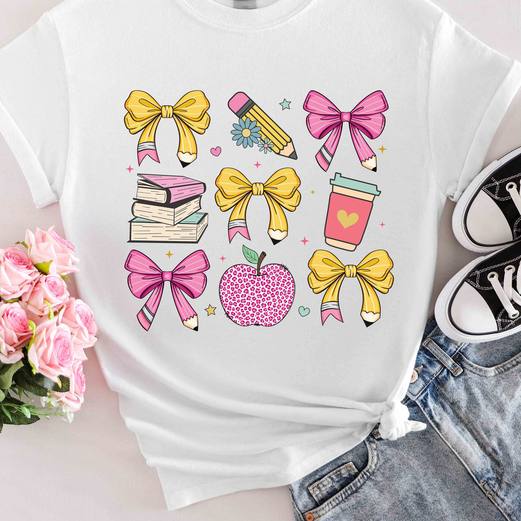 Teacher Appreciation Cute Icons T-Shirt — Bows, Books & Apple Graphic Tee