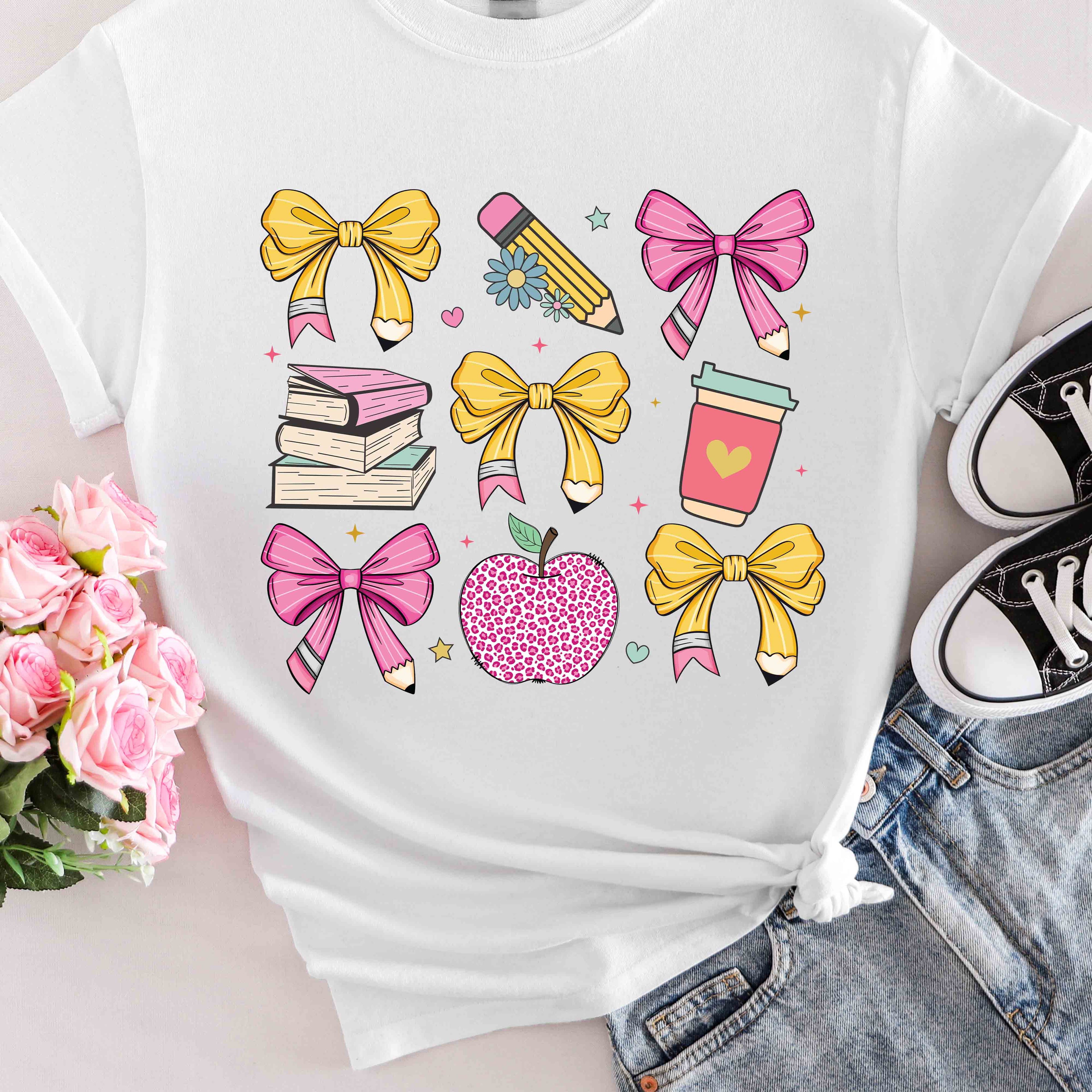 Teacher Appreciation Cute Icons T-Shirt — Bows, Books & Apple Graphic Tee