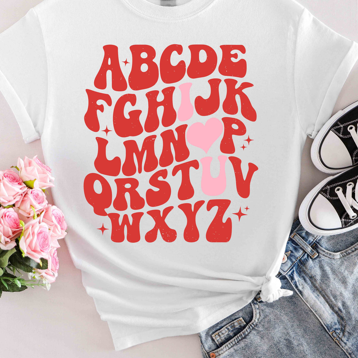 Retro Heart Alphabet T‑Shirt — Groovy Red Lettering Tee with Heart Accent