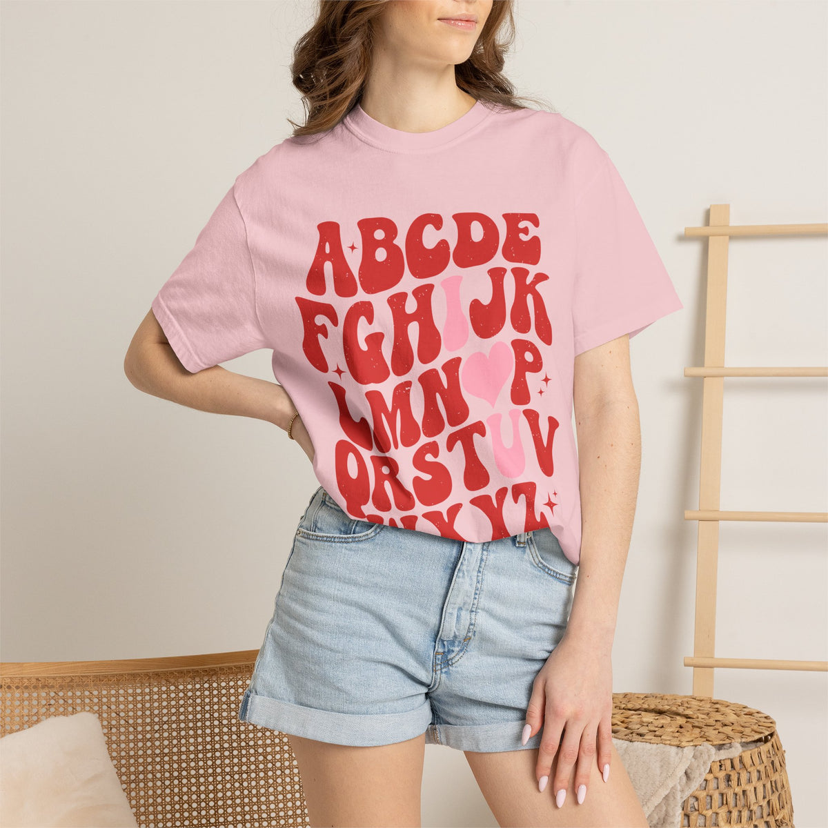 Retro Heart Alphabet T‑Shirt — Groovy Red Lettering Tee with Heart Accent