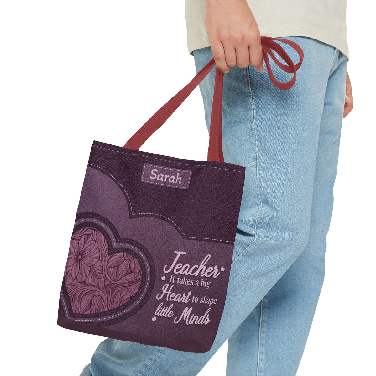 Personalized Teacher Tote Bag — “Teacher: It Takes a Big Heart to Shape Little Minds”