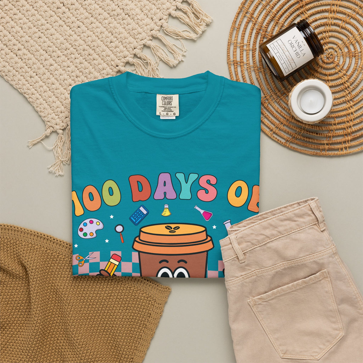 100 Days of Coffee & Chaos T-Shirt — Funny Teacher/Student Celebration Tee