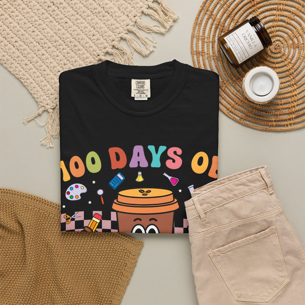 100 Days of Coffee & Chaos T-Shirt — Funny Teacher/Student Celebration Tee