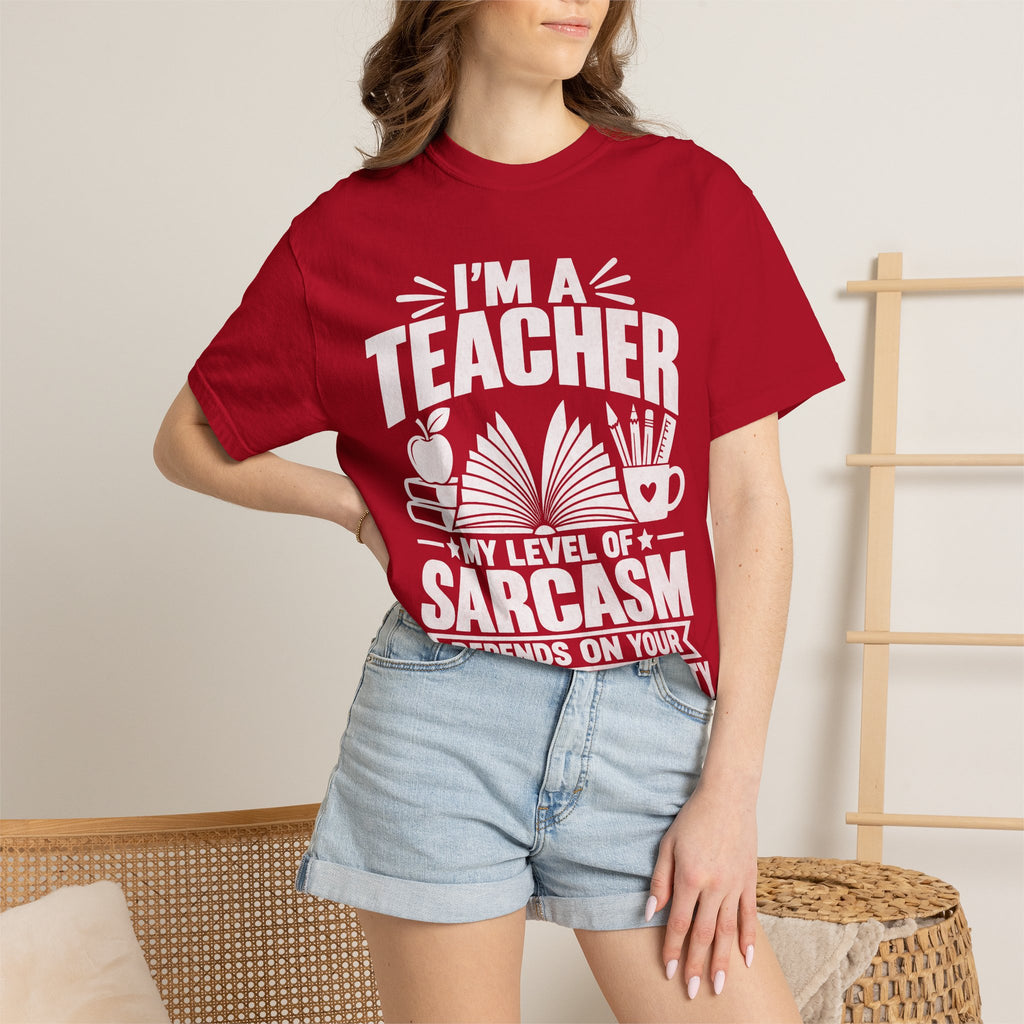 Teacher Sarcasm T-Shirt — "I'm a Teacher, My Level of Sarcasm Depends on Your Level of Stupidity"